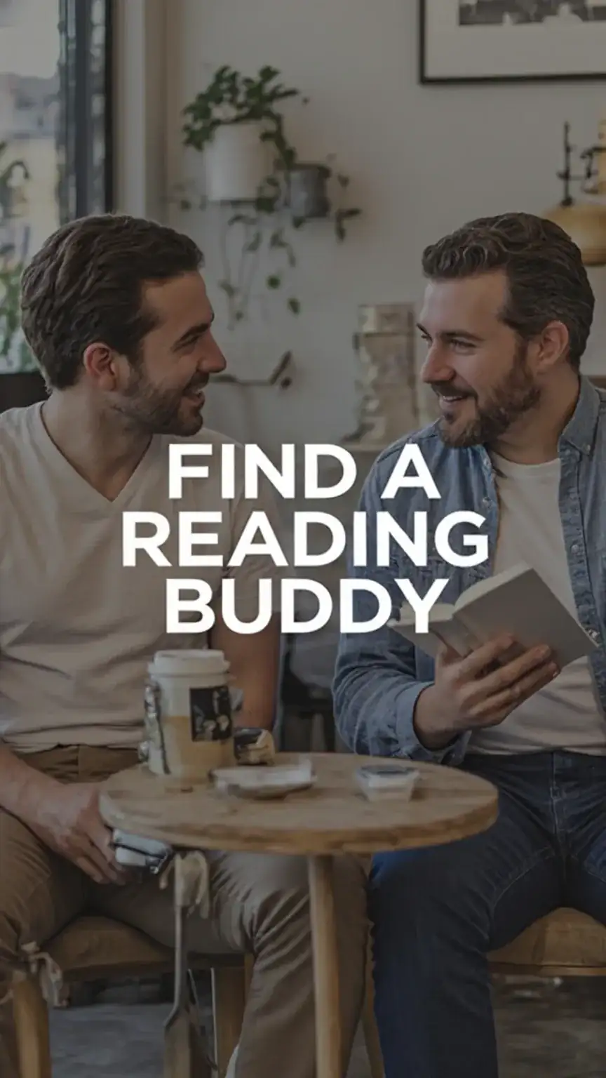 Two men discussing books, illustrating finding a reading buddy, reading habit tips for men, and how to read more.