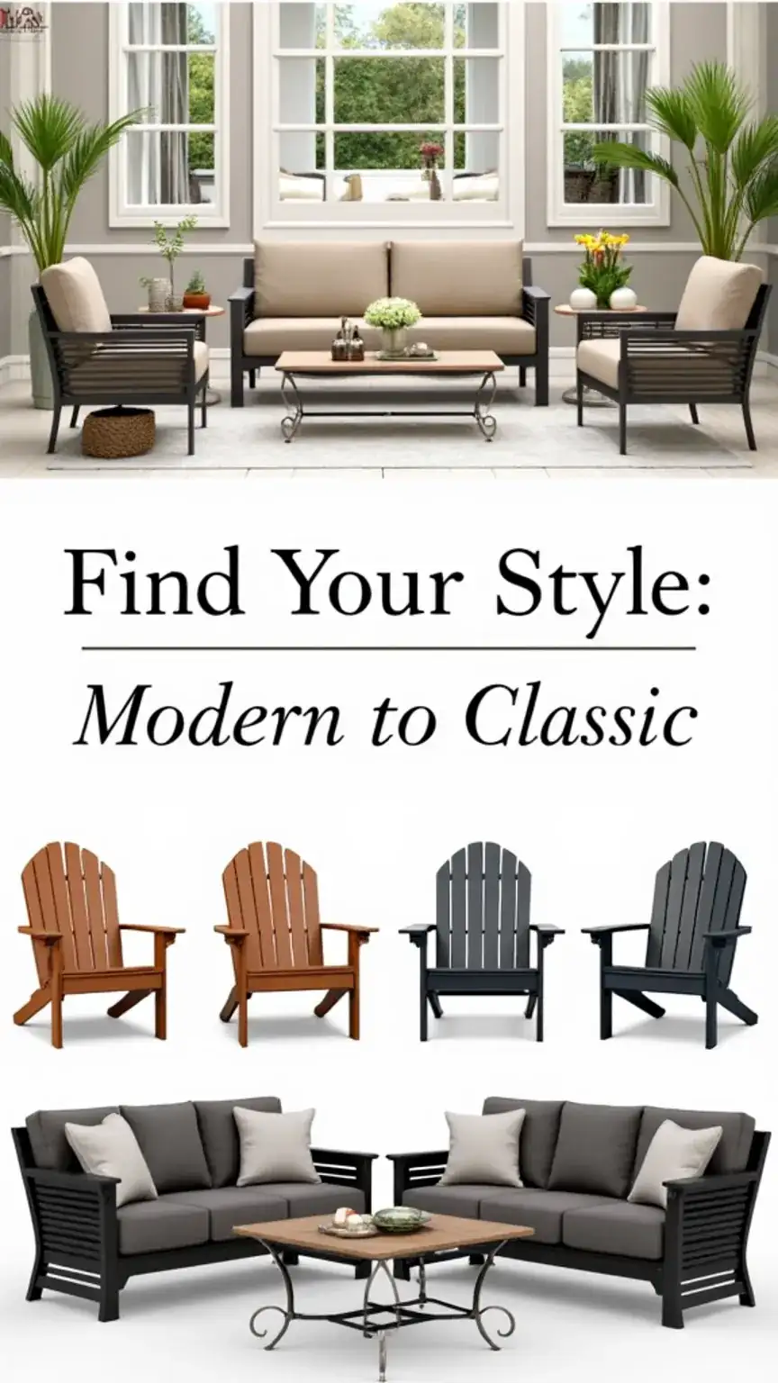Various outdoor furniture styles, from modern to classic, showcasing best patio furniture options and durable outdoor furniture for men's spaces.