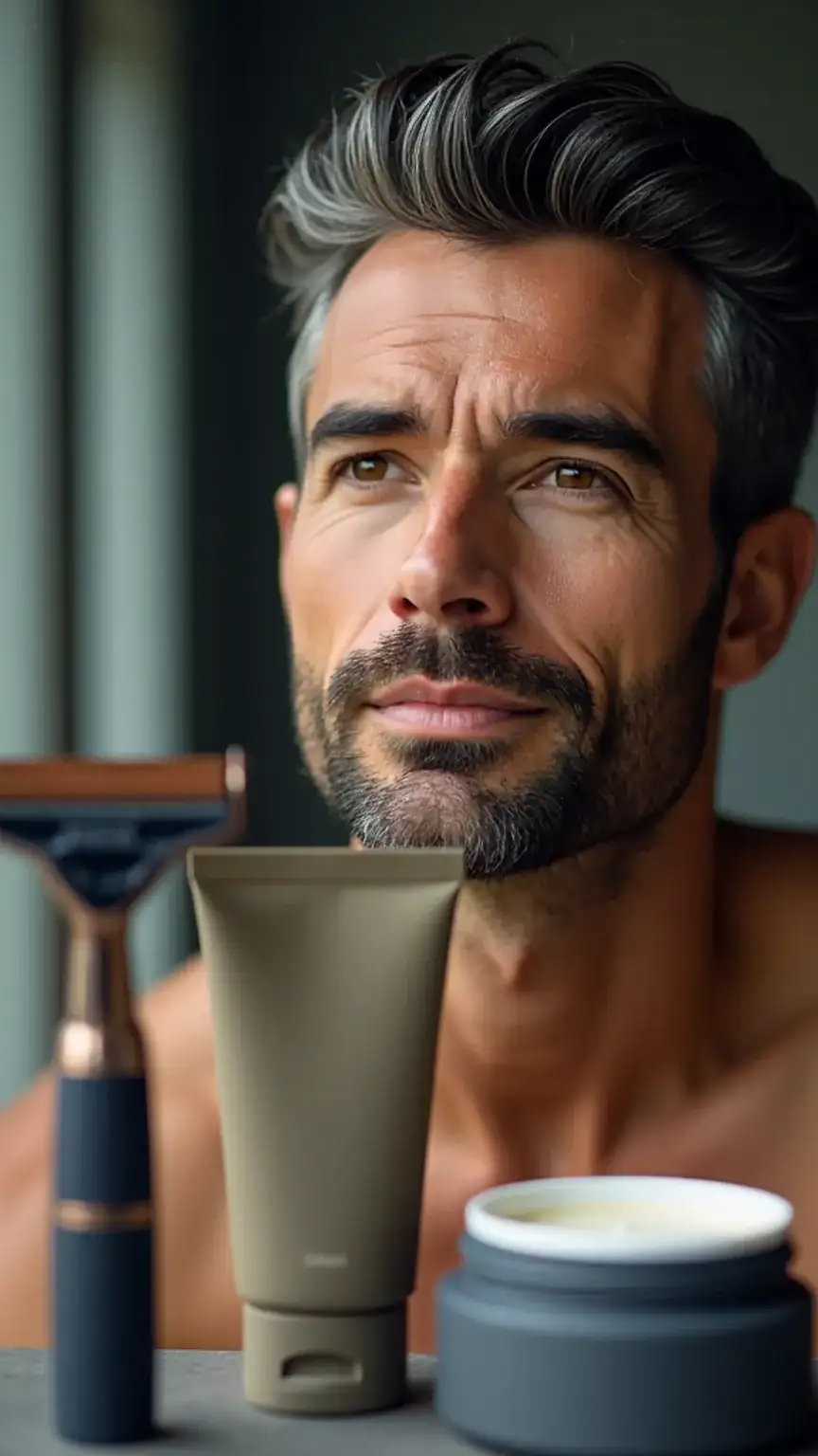 Smooth shave for men: Close-up of a man's perfectly shaved face and grooming tools. Shaving tips, irritation-free shaving, sharp razor, shaving cream for a clean finish.