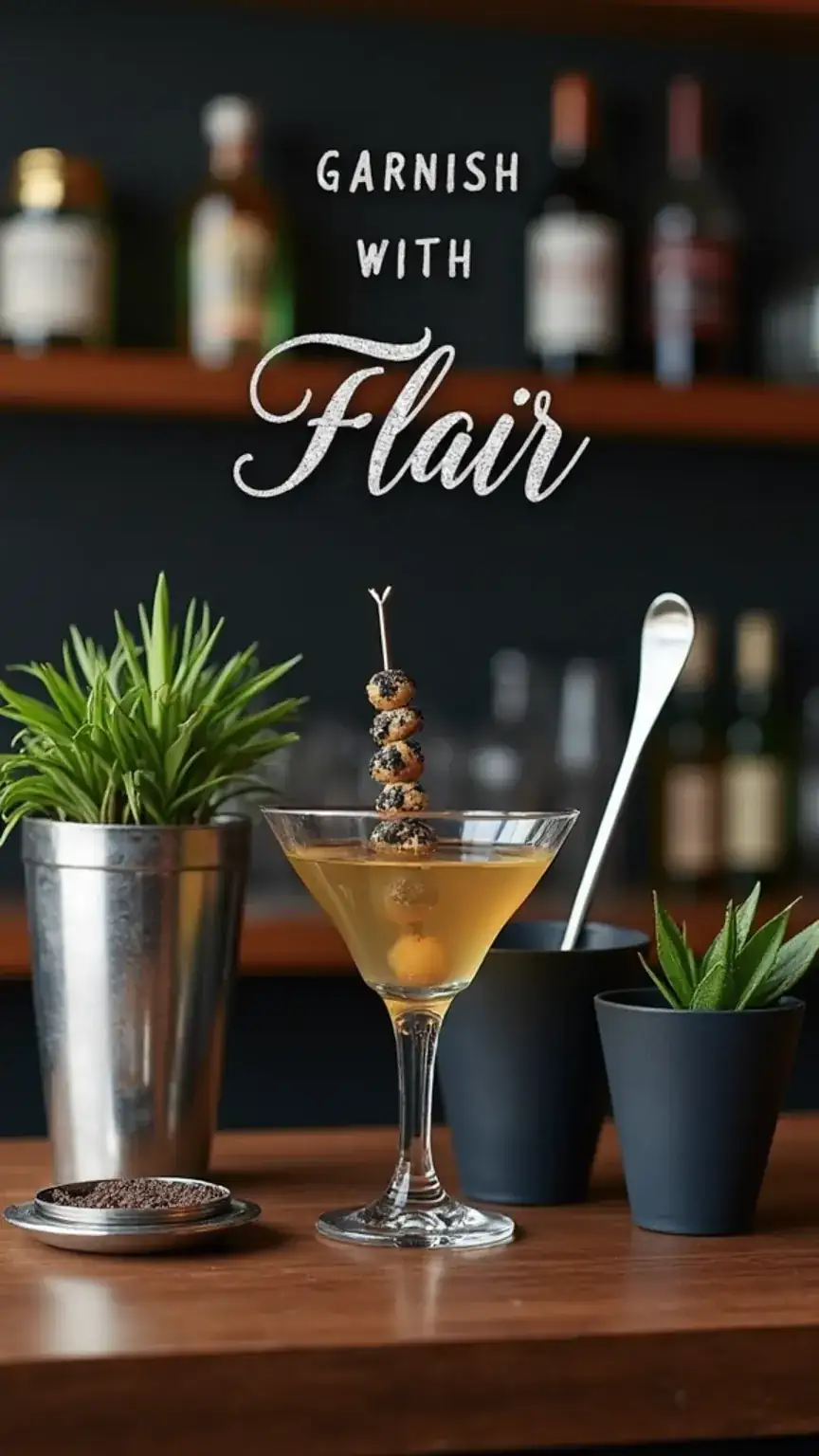 Garnishing tools for cocktails, including picks, skewers, measuring cups, and bar spoon, to enhance drink presentation. Home bar accessories for a sophisticated touch.