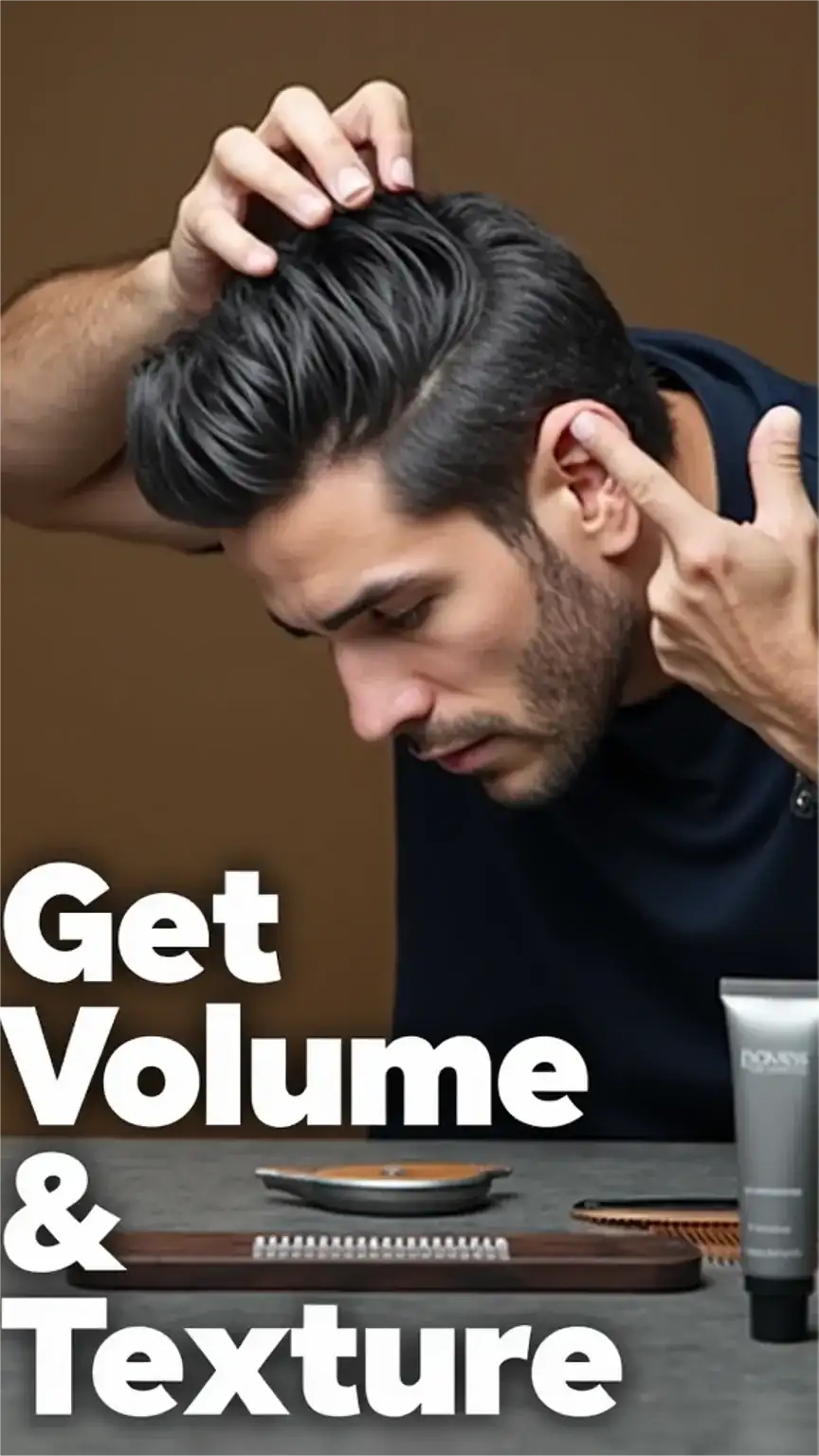 Man using fingers to style short hair, creating volume and texture for easy everyday looks. Keywords: short hair grooming for men, hair volume tips, hair texture styles.
