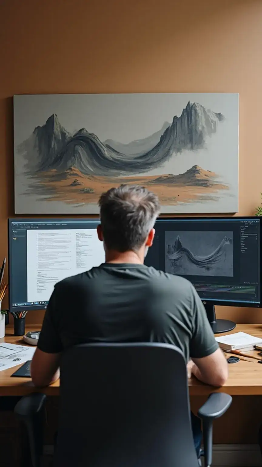 Graphic design and digital art business ideas for men over 40, highlighting creative entrepreneurship and visual arts.