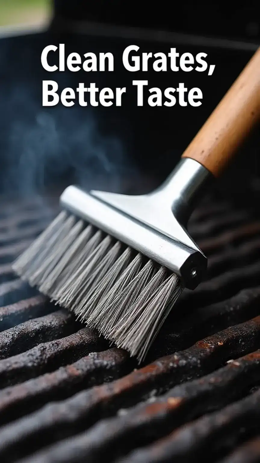 Grill brush cleaning dirty grill grates. Essential BBQ tools for a clean grill surface, improving grilling results.