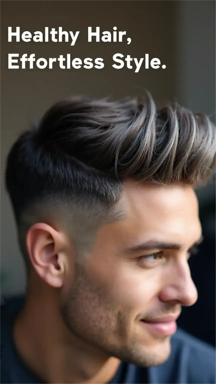 Close-up of textured short men's hairstyle, showcasing shine and definition. Includes hair serum benefits for men's hair. Keywords: men's short hair styles, hair serum for men, healthy hair tips.