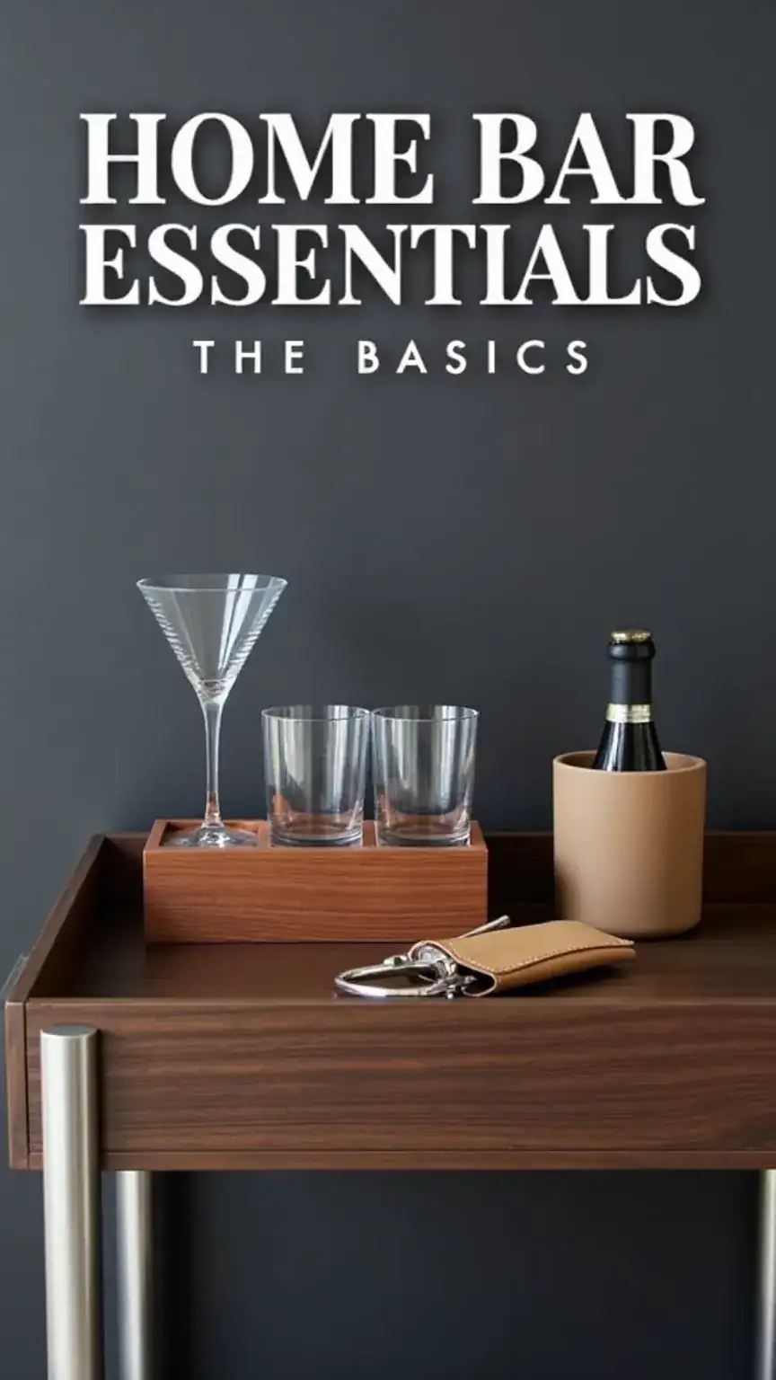 Basic home bar essentials for men, including cocktail glasses, bottle opener, and wine key, for a well-equipped home bar. Bar accessories and tools.