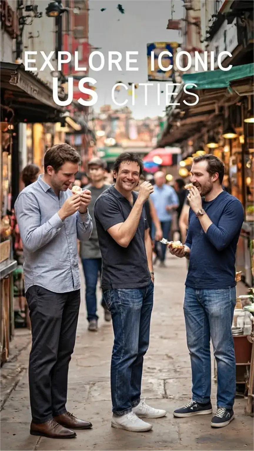 Men on a food tour in a city, showcasing city breaks for men's getaways, best travel destinations for men, US urban exploration.