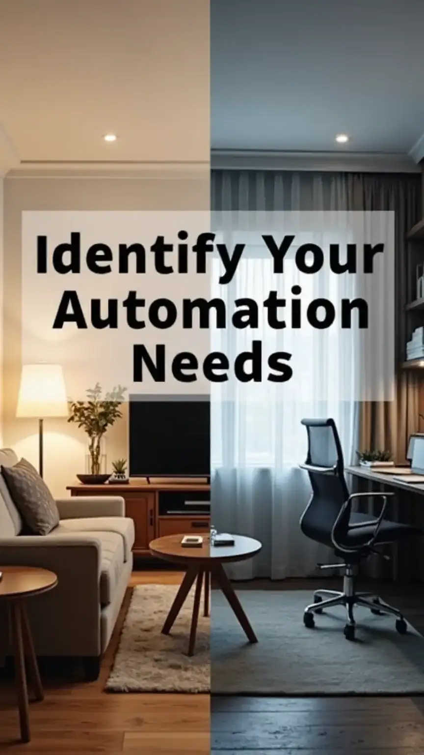 Assessing home spaces for automation: living room and home office with smart devices. Smart home setup guide, automate your home, smart living for men.