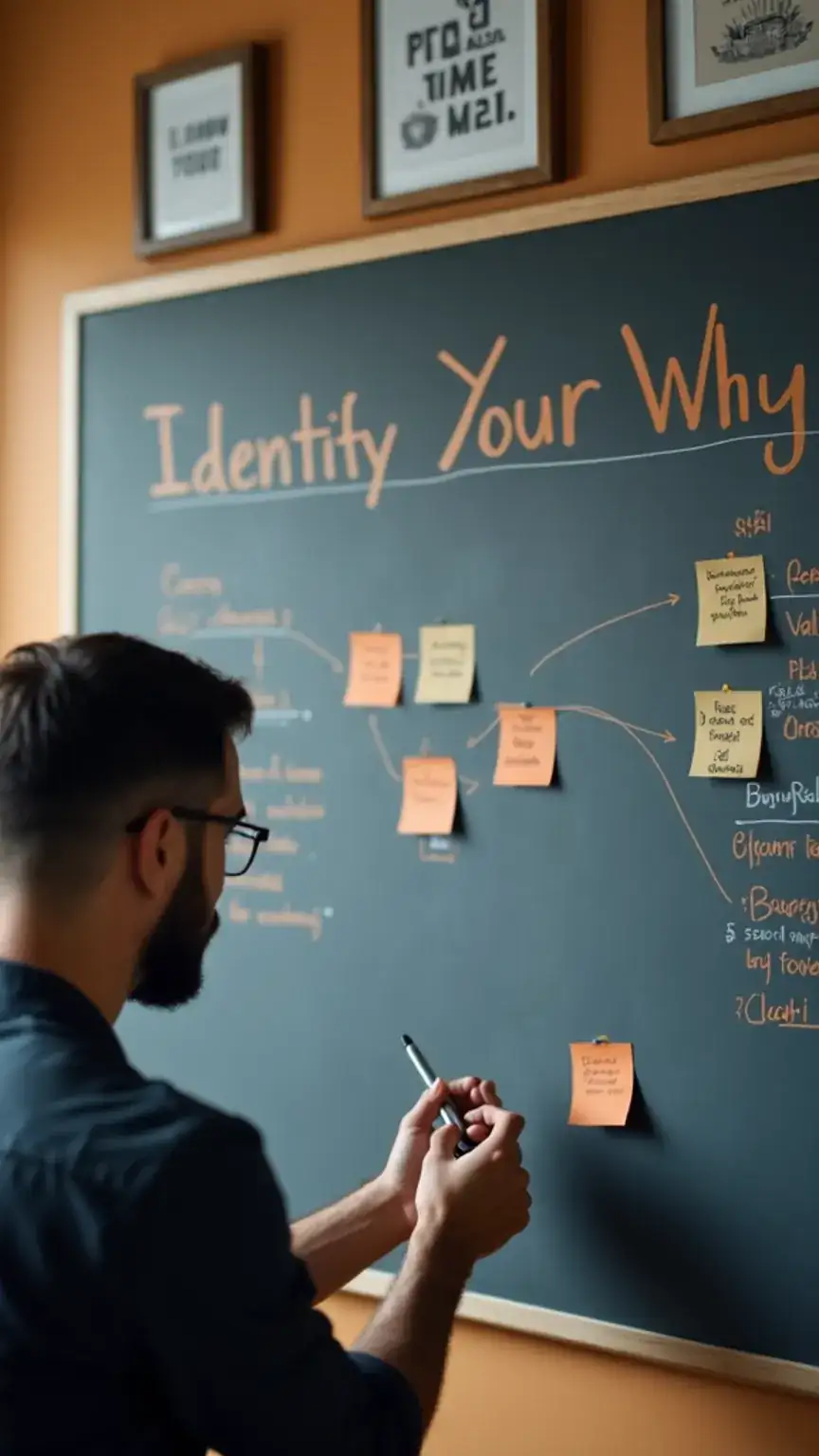 Man identifying reasons for leaving corporate life, career transition planning, personal goals, finding purpose.