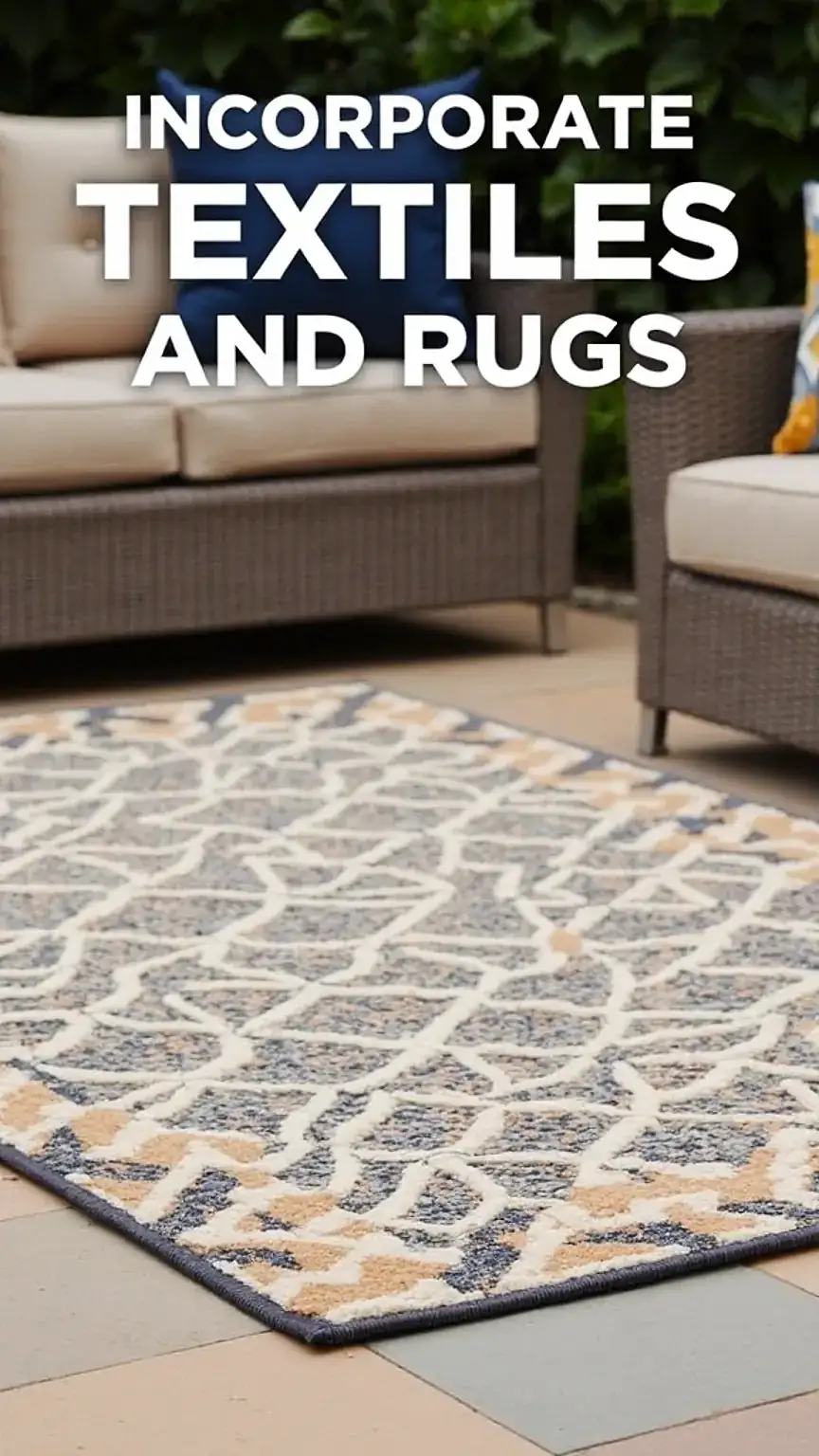 Rugged outdoor rug on a stone patio with cushions. Patio textiles, outdoor rugs, backyard decor, patio ideas.