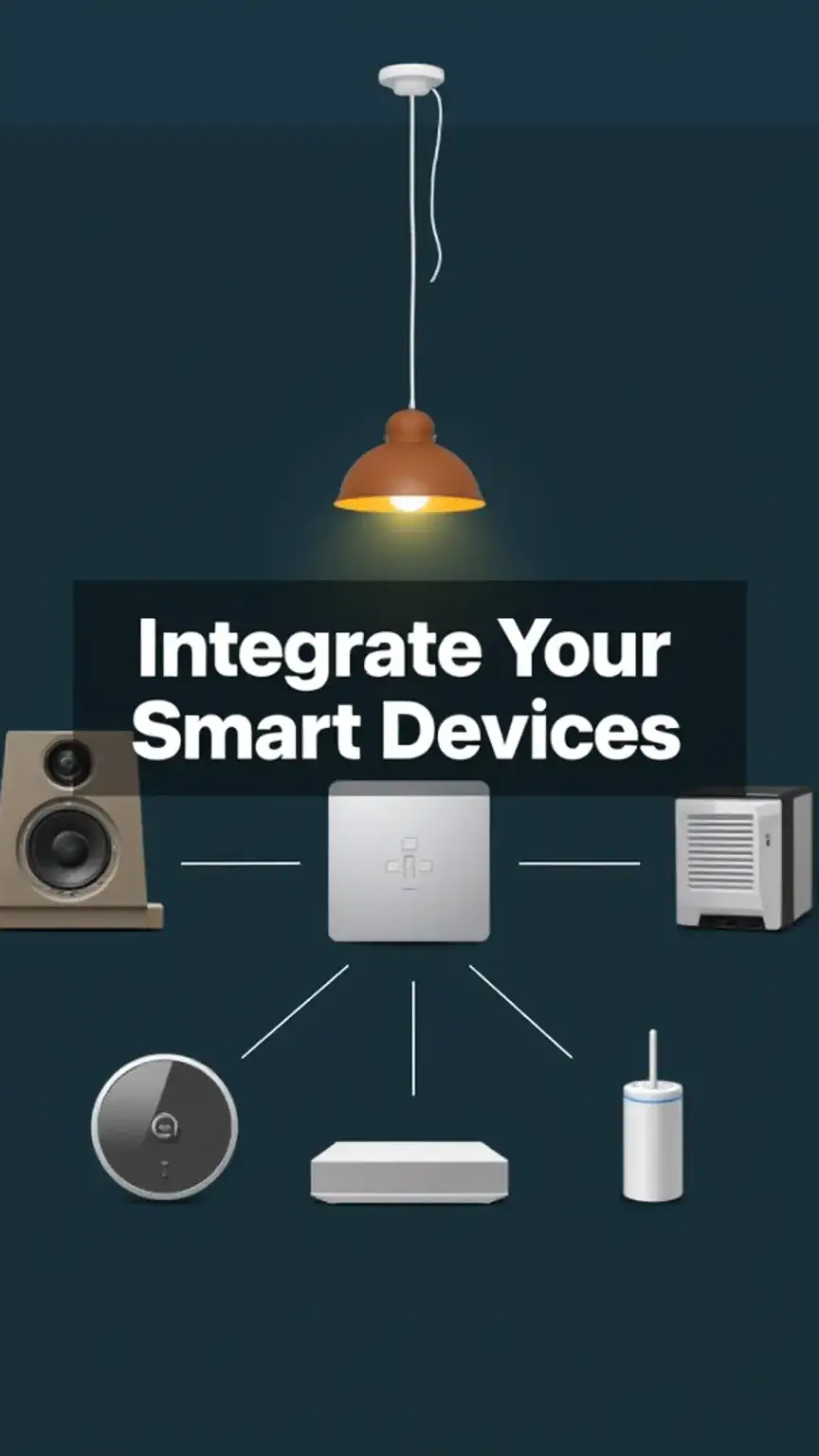 Diagram showing smart device integration with a central hub. Connecting devices for smart home setup, automate your home, smart living system.