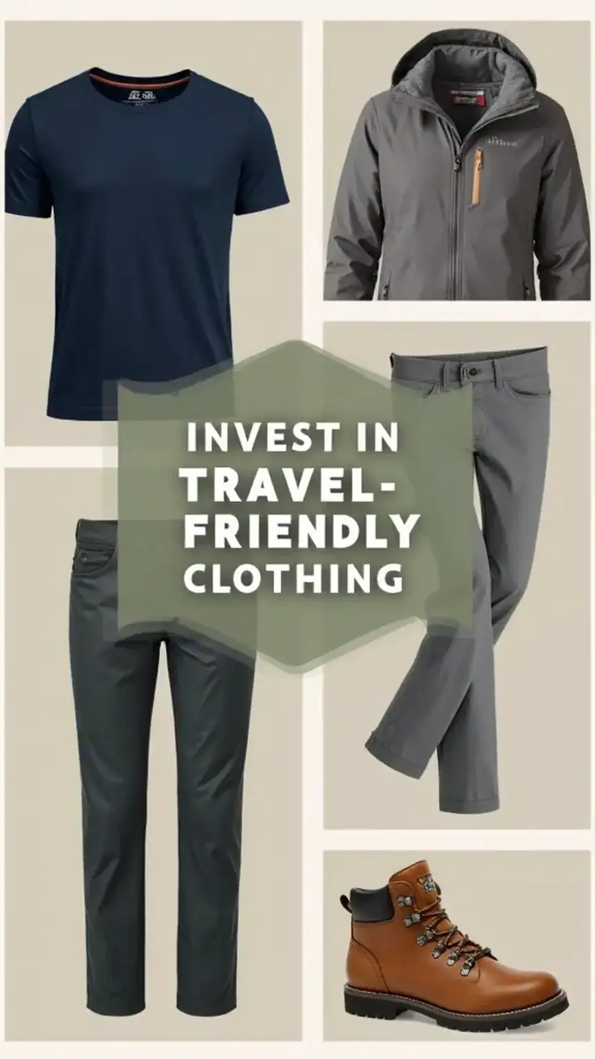 Collage of travel-friendly clothing for men, featuring quick-dry shirts, performance pants, and jackets, highlighting men's travel fashion and stylish travel outfits.