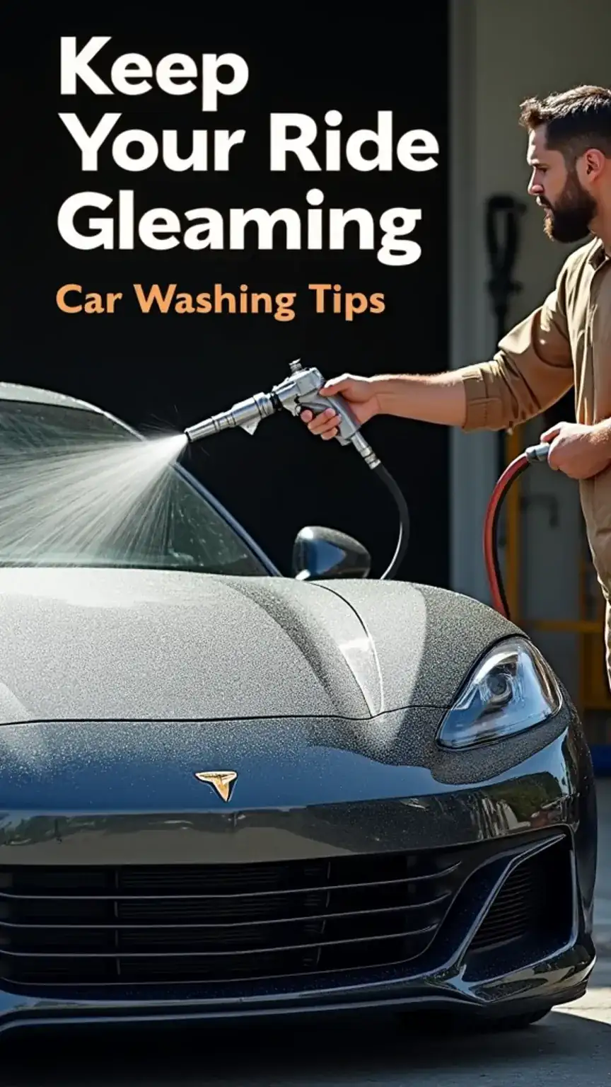 Man washing a car with foam gun, illustrating car cleaning tips for men. Basic car maintenance, vehicle wash and wax, car detailing, keeping your car looking sharp.