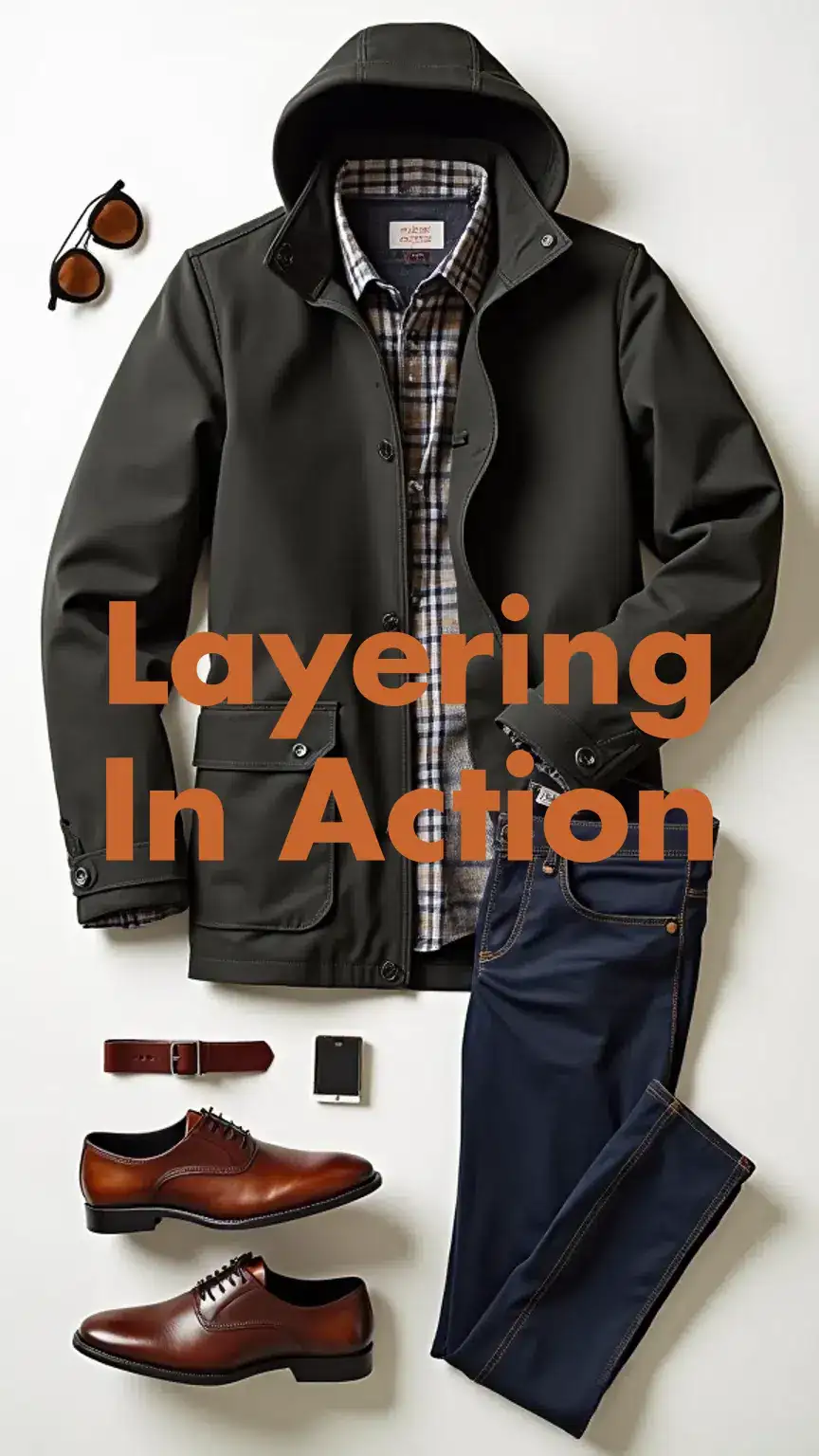 Men's layered fall outfit flat lay, autumn style inspiration, fall wardrobe essentials, layering techniques demonstrated, men's fashion.