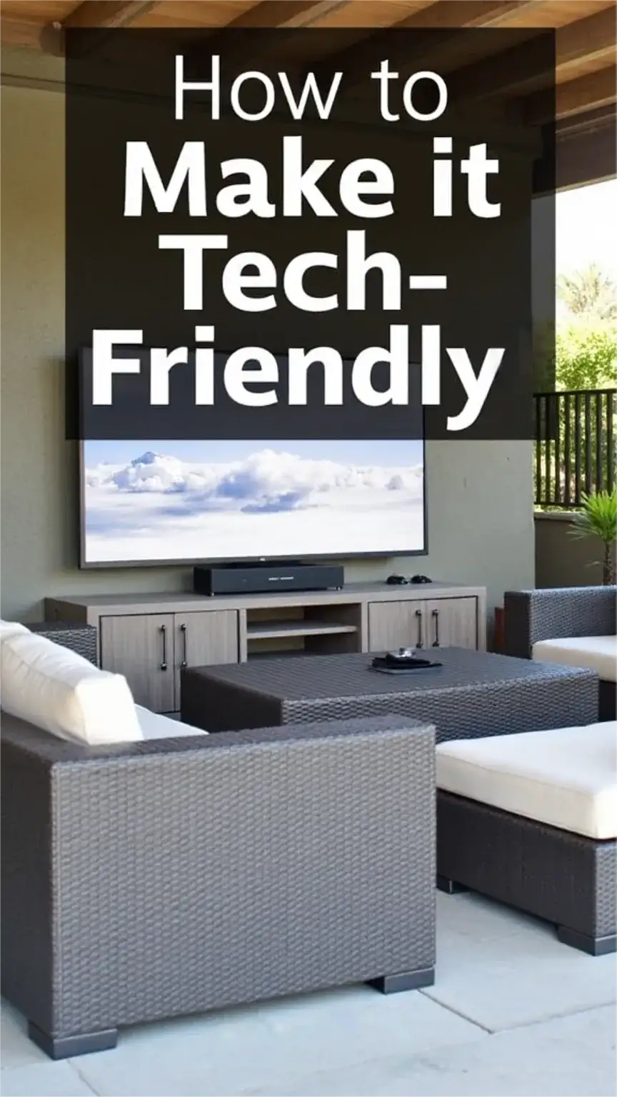 Tech-friendly patio with outdoor TV and speaker system for entertaining. Smart patio features, outdoor entertainment, backyard tech.