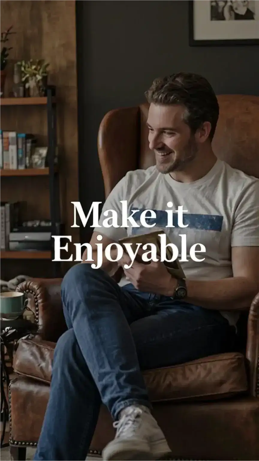 Man enjoying reading a book, illustrating making reading enjoyable, how to read more, and books for men.