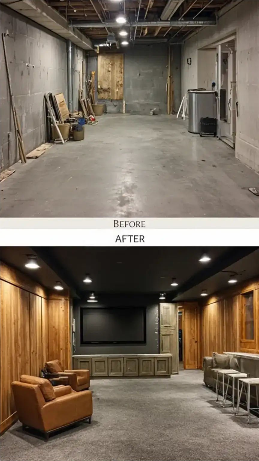 Man cave build process: before and after construction, flooring, walls, and ceiling installation for your dream man cave.