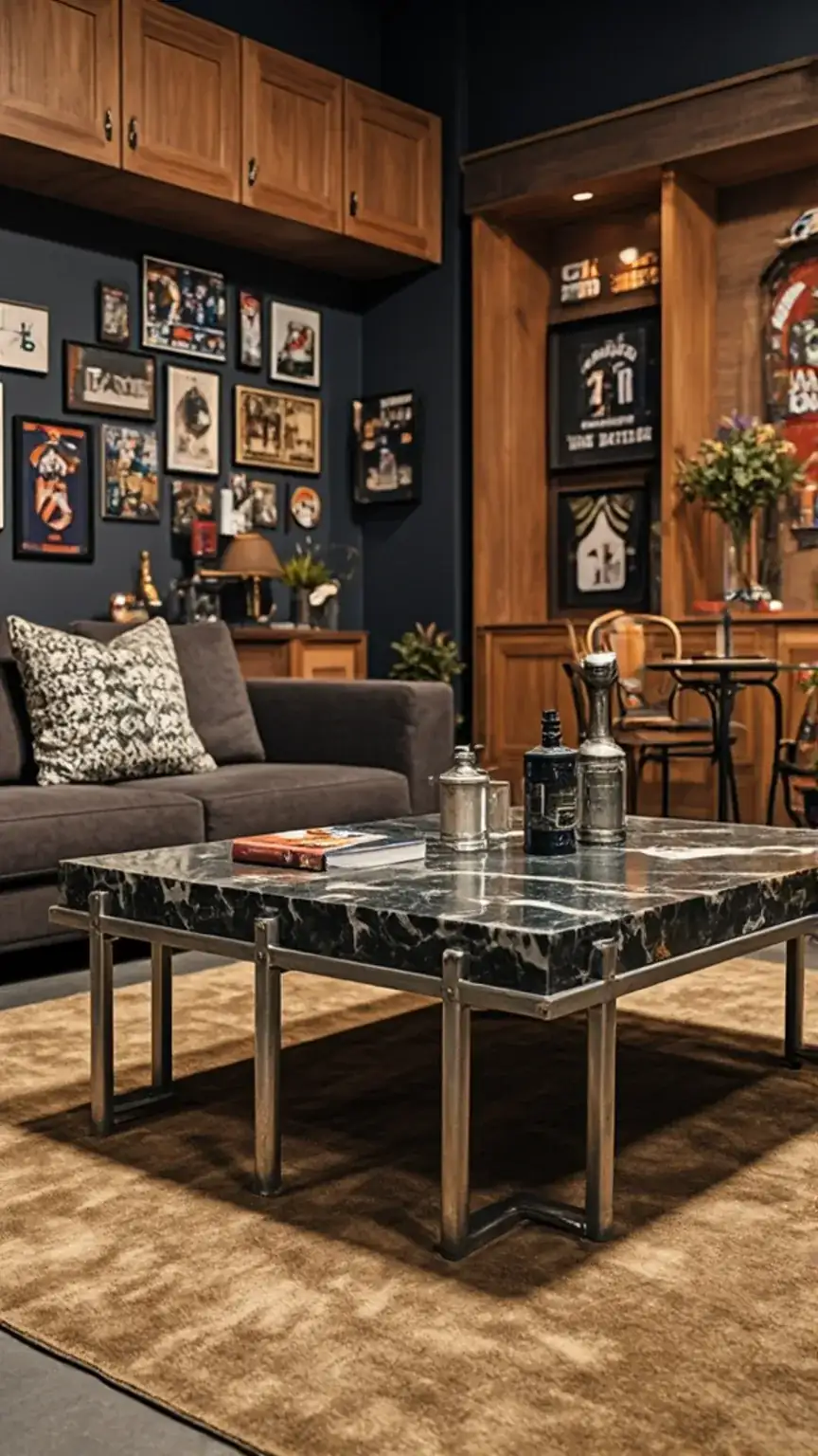 Man cave decor ideas: industrial style coffee table, vintage sports memorabilia, and textured area rugs to enhance man cave ambiance and style.