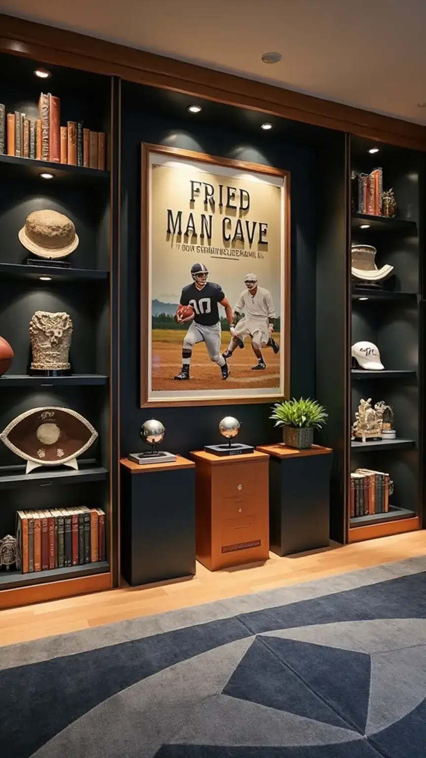 Man cave decor inspiration: sports memorabilia, artwork, rugs, and shelving for personalized style.