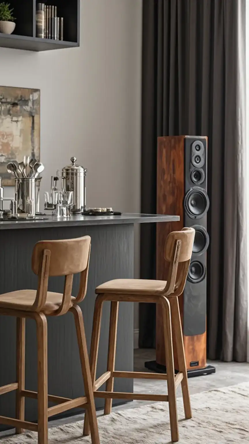 Final touches for an unforgettable man cave: premium barware, quality sound system, and stylish decorative accents for the ultimate guy space.
