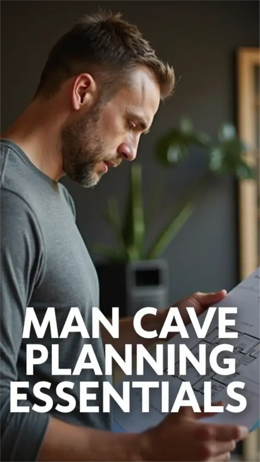 Man cave planning essentials, male architect reviewing blueprints for a ultimate man cave design, masculine interior planning.