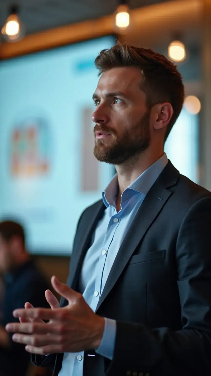 Man giving an elevator pitch, showcasing professional networking tips and strong social skills for business connections.
