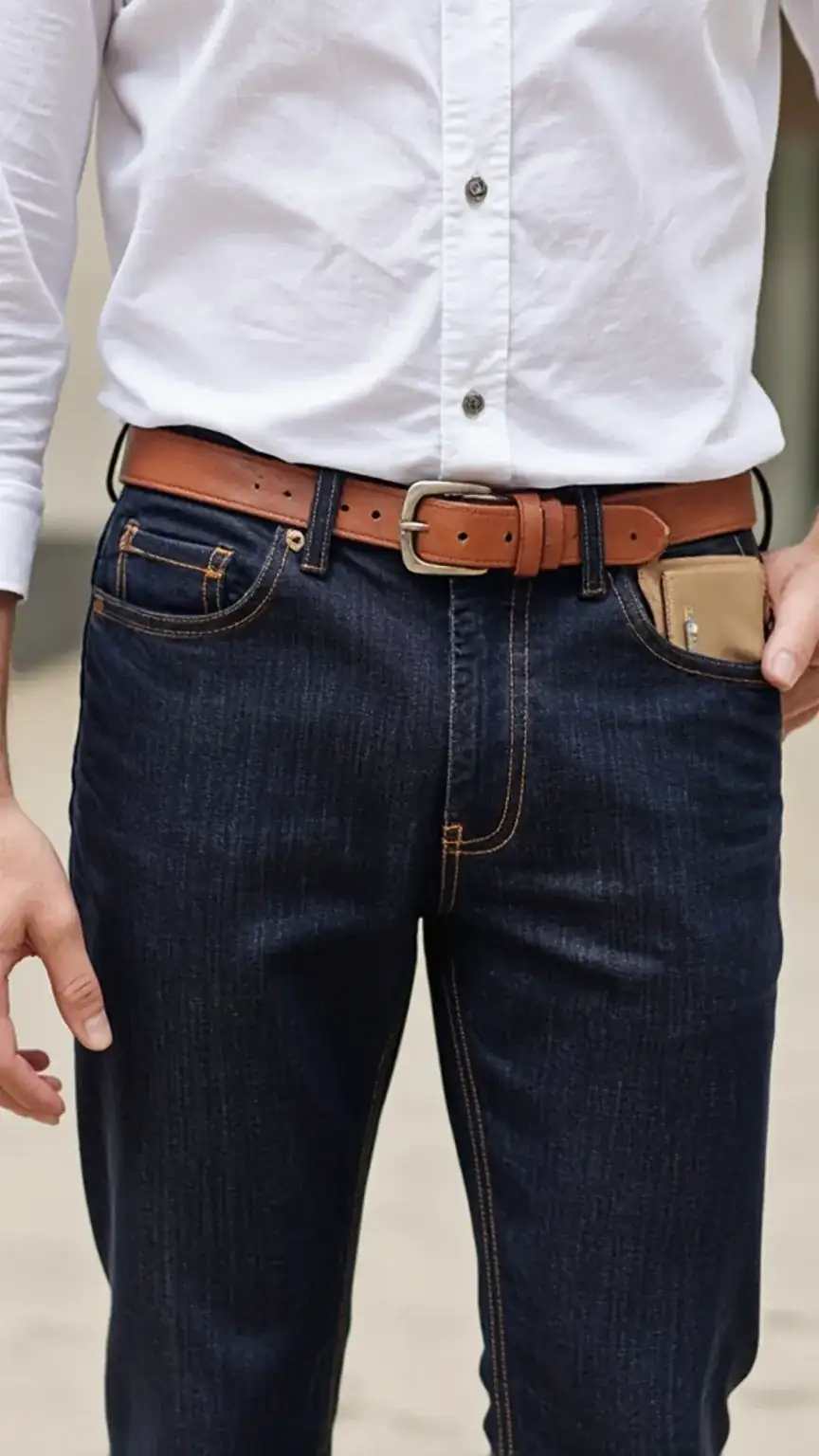 Man wearing dark jeans and a white shirt, showcasing a versatile look for work and play. Men's fashion, office casual style, classic style.