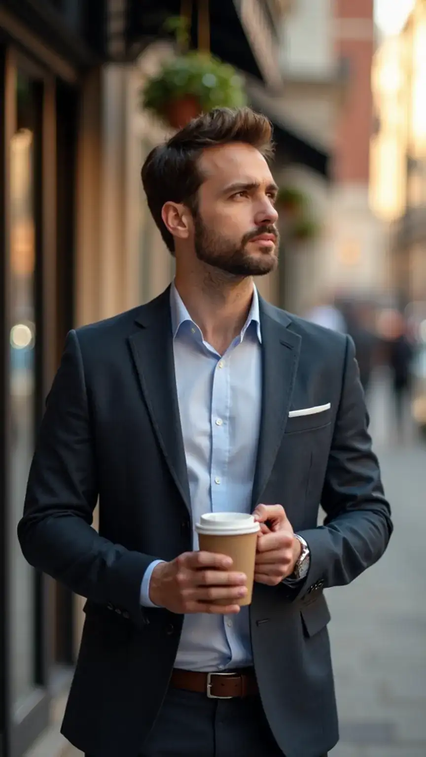 Man with coffee, thinking about professional networking goals, improving social skills, and building career connections.