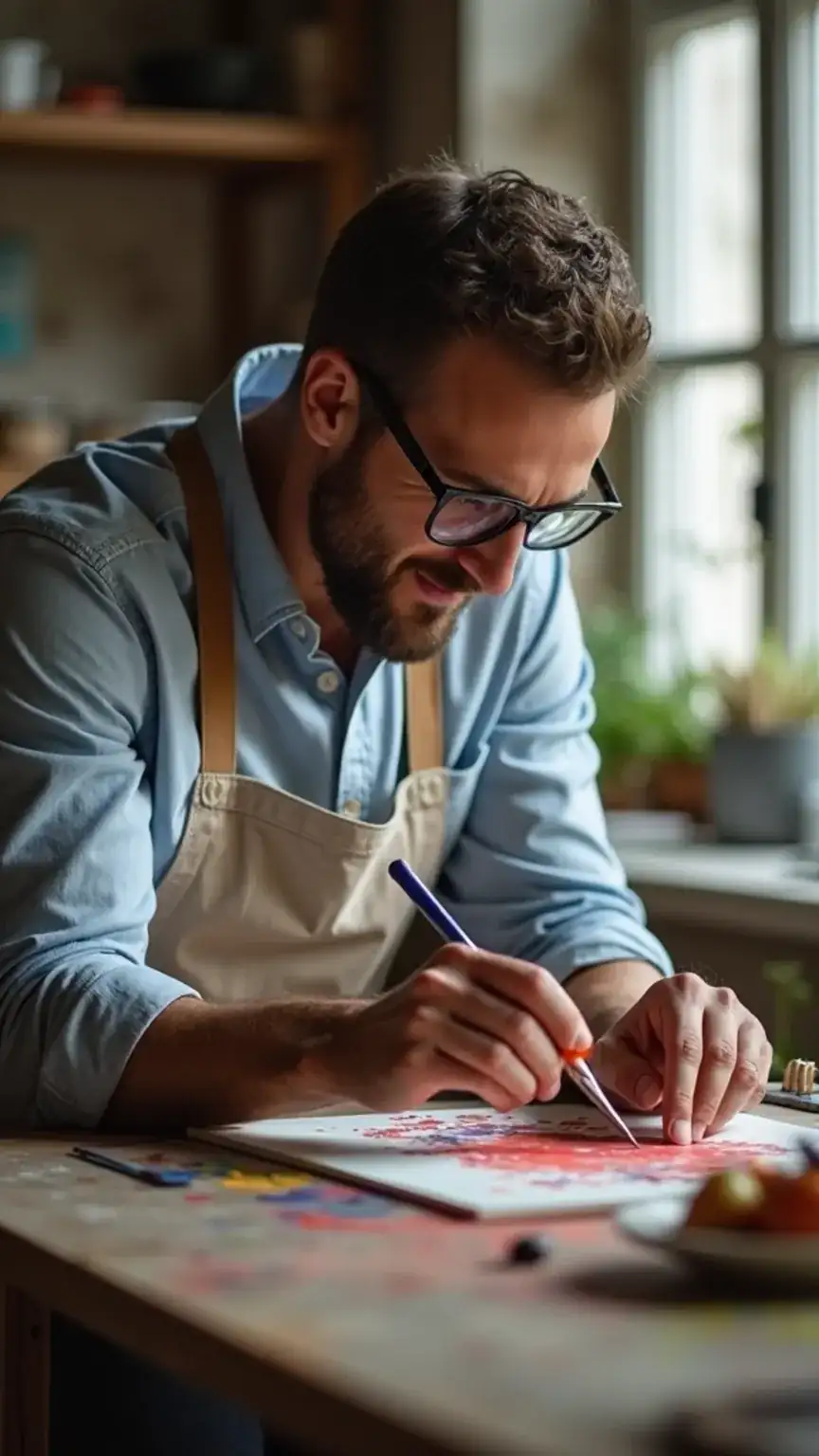 Man pursuing passions like art or cooking, redefining traditional masculine roles. Modern man exploring interests, authentic self-expression.