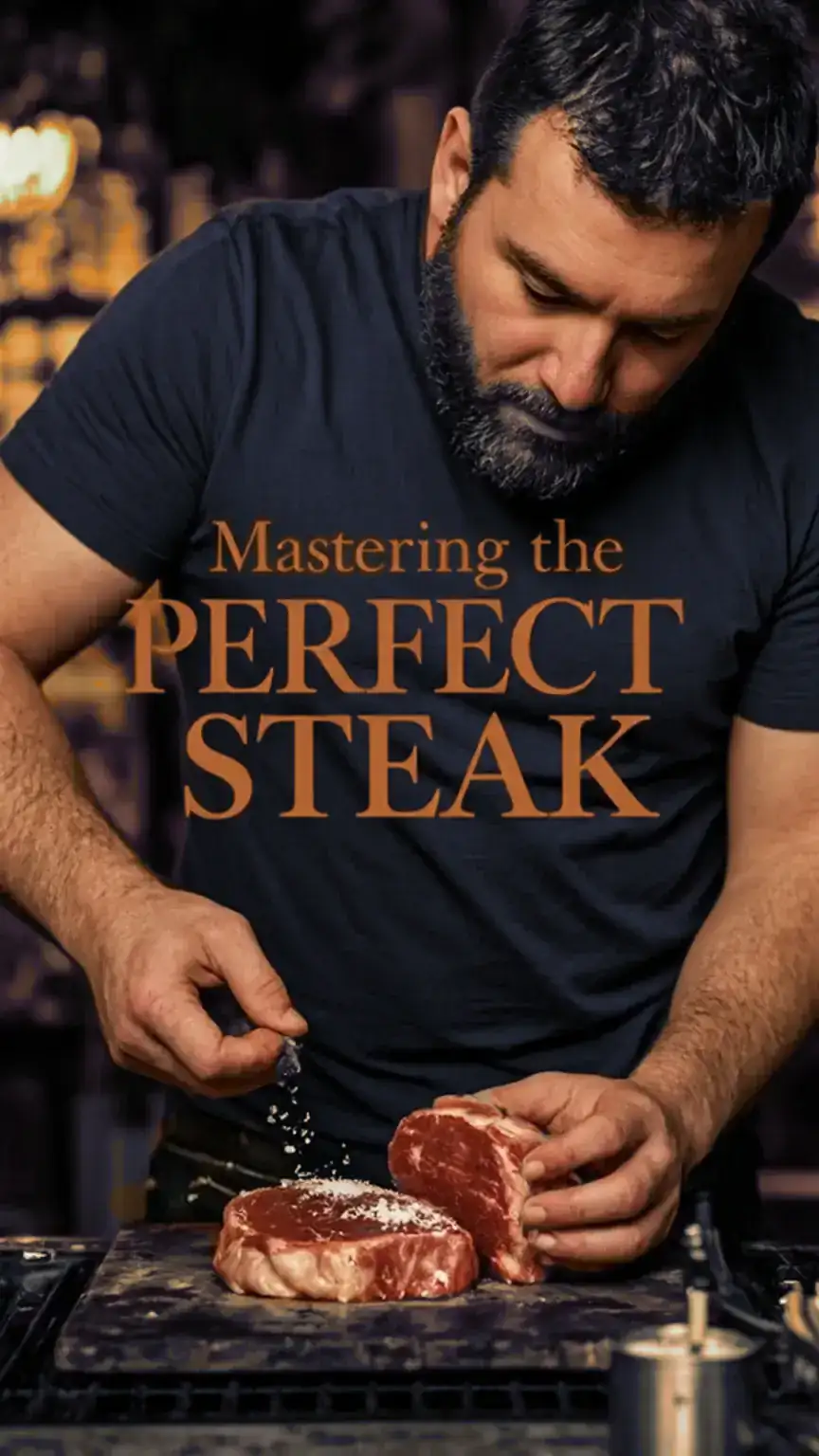 Man seasoning a raw ribeye steak for grilling, focusing on kosher salt and pepper. Learn how to grill the perfect steak, BBQ tips, steak recipe.