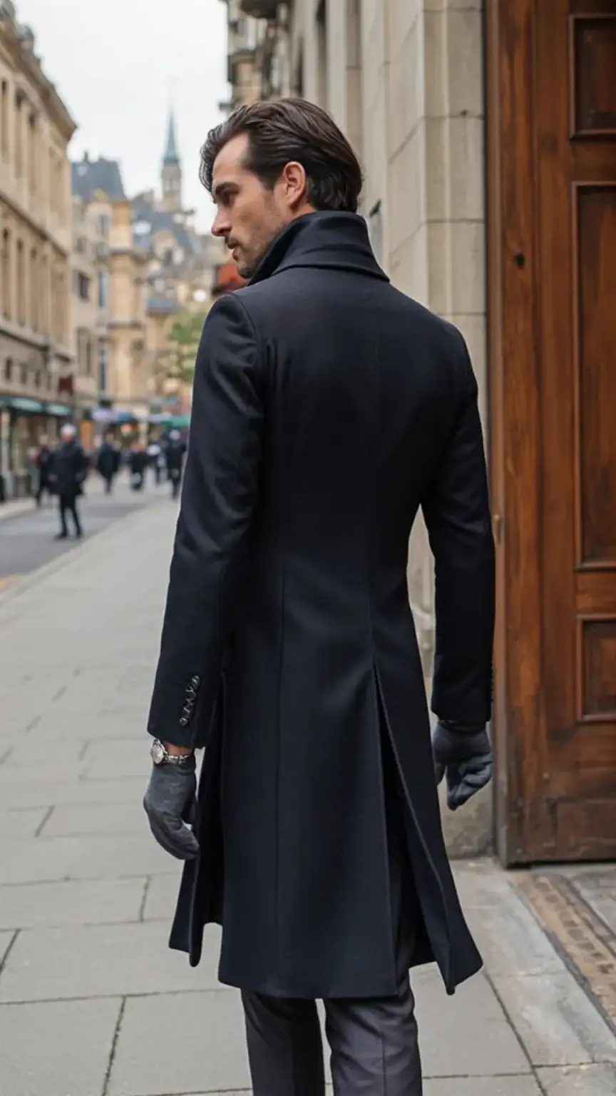 Man wearing stylish overcoat in various settings. Men's coats, investment wardrobe, quality outerwear, men's style essentials, trench coat, pea coat.
