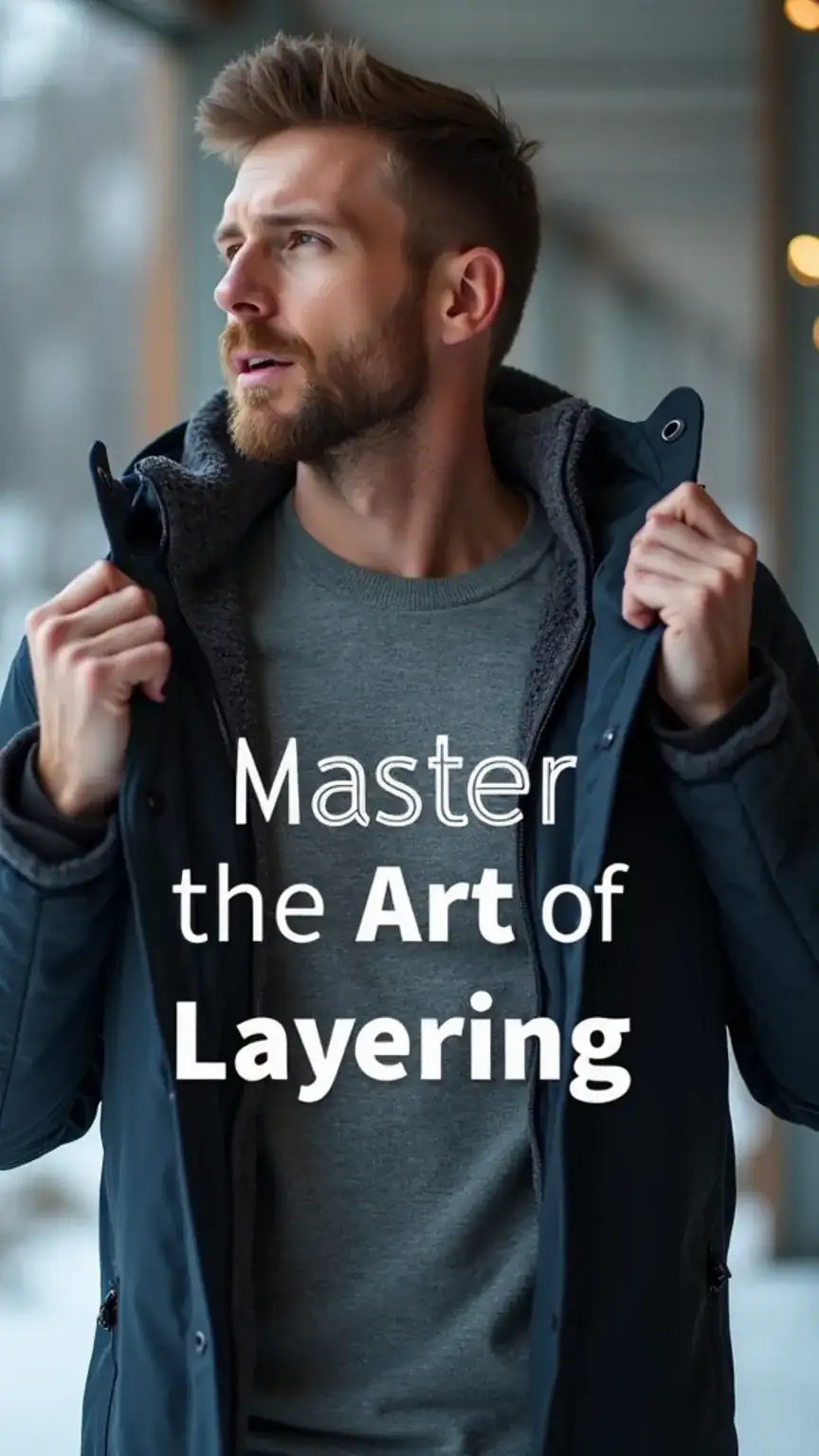 Man layering winter clothes, thermal base layer, fleece mid-layer, stylish winter outfits for men, how to dress for cold weather.