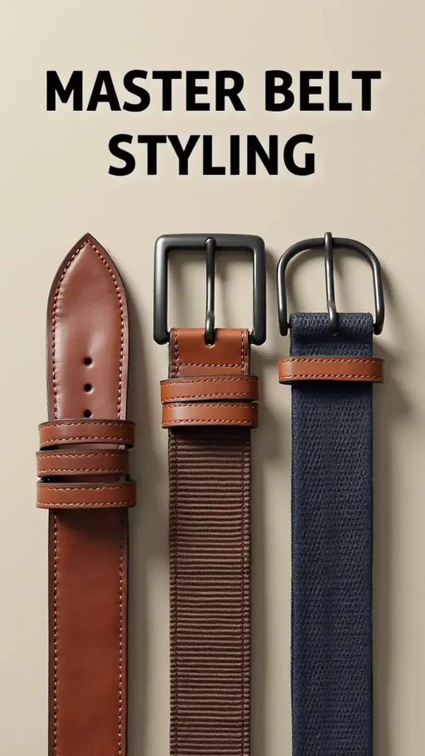 Illustration of men's belt styling options: leather, nylon, and canvas belts. How to choose a belt for different occasions. Belt styling tips for men.