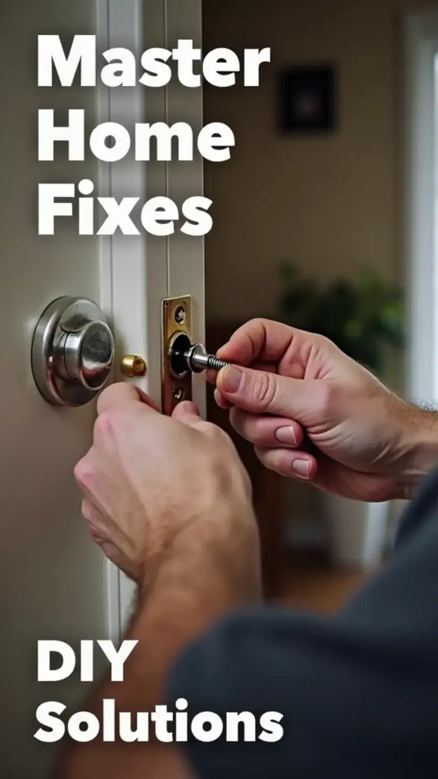 DIY home repair hands fixing a door hinge, men's guide to household fixes and home maintenance solutions.