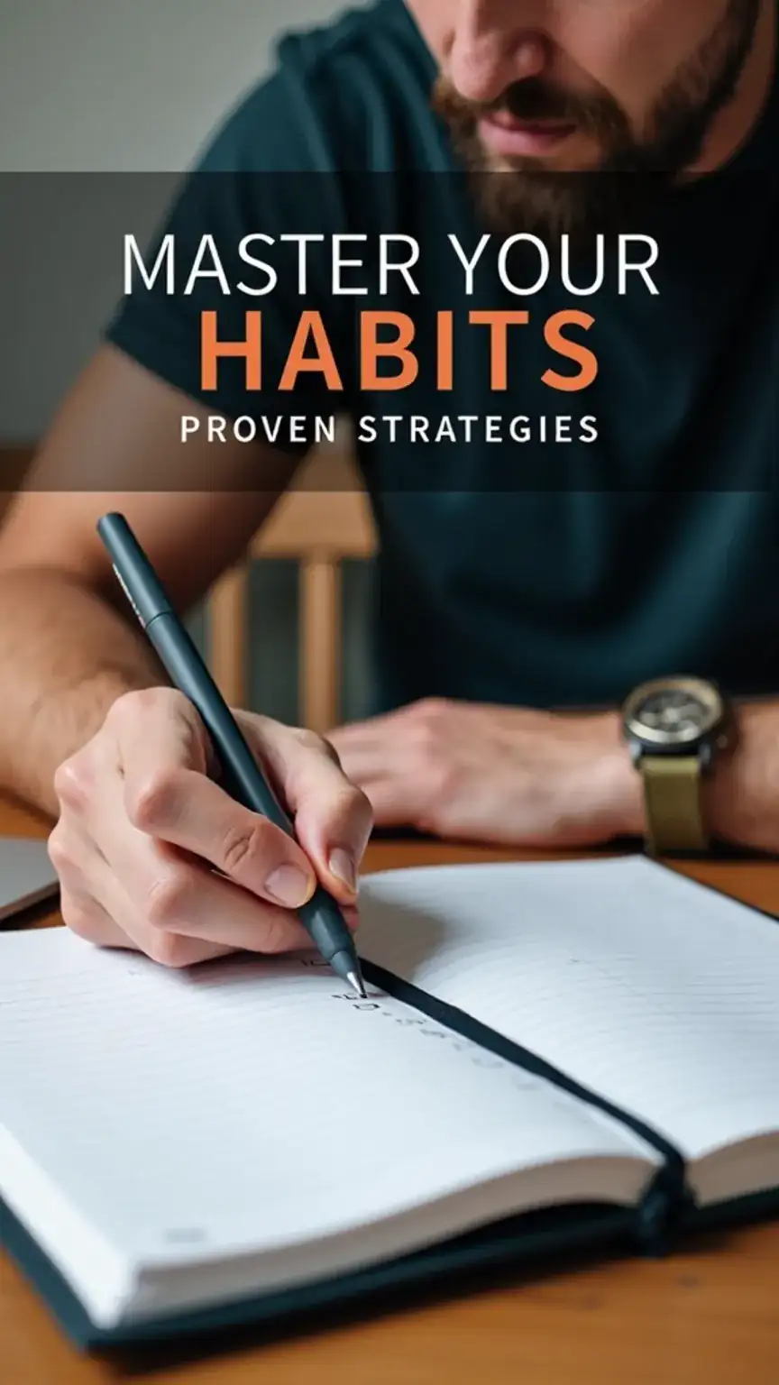 Man tracking habits on a journal, illustrating habit formation and personal growth. Pinterest pin for building positive habits, habit tracker, motivation, productivity tips.