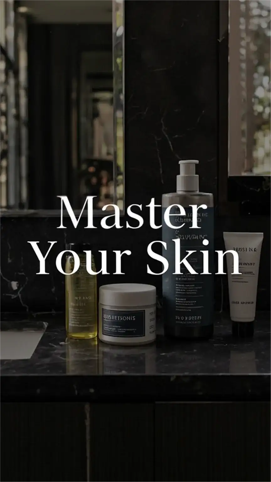 Men's skincare routine essentials: cleanser, moisturizer, exfoliant on a bathroom counter. Skincare for men, healthy skin tips, facial cleansing, hydration, achieving clear skin.
