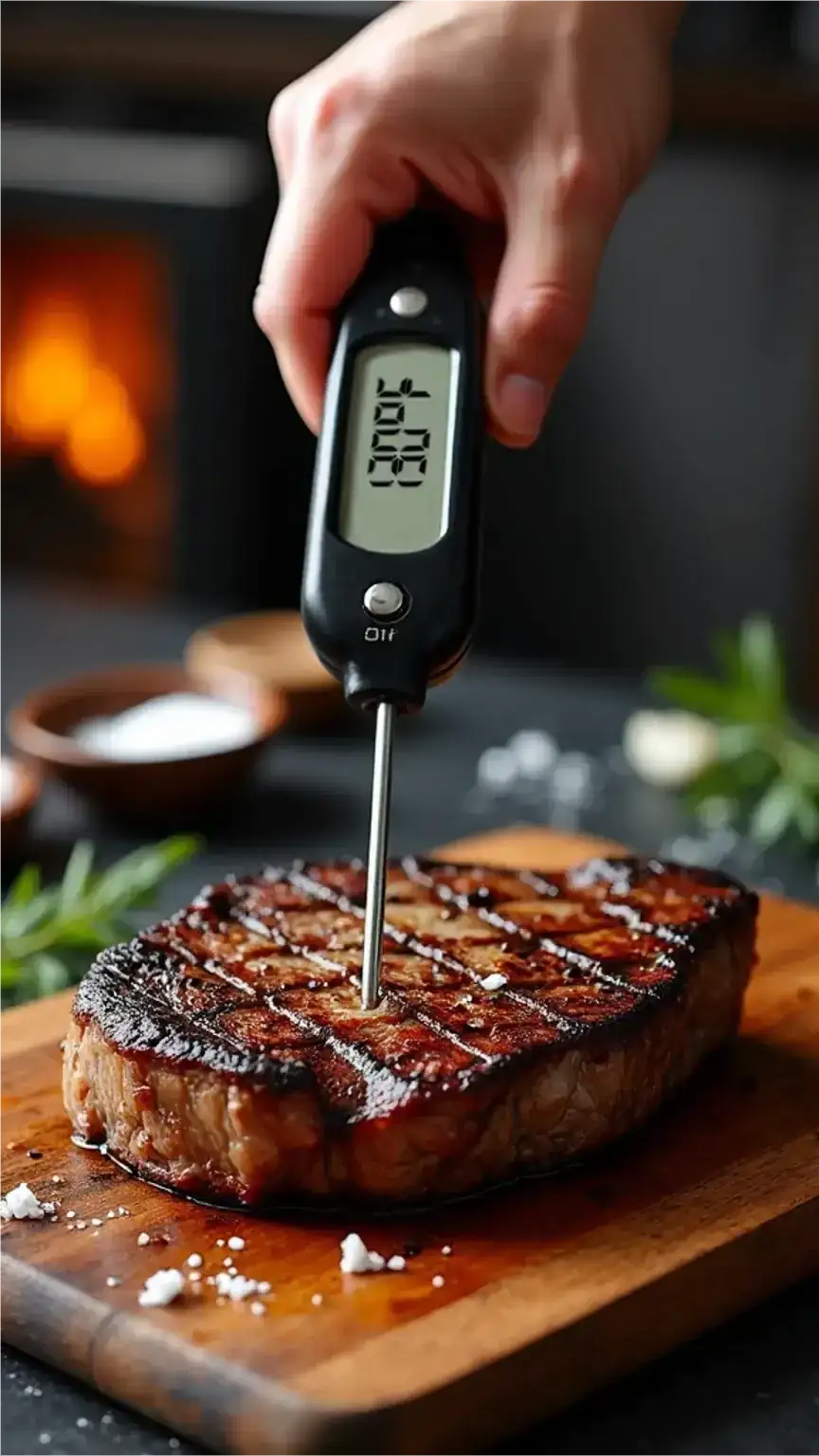 Using a meat thermometer to ensure the perfect steak doneness, medium-rare temperature. Grilling steak, BBQ tips.