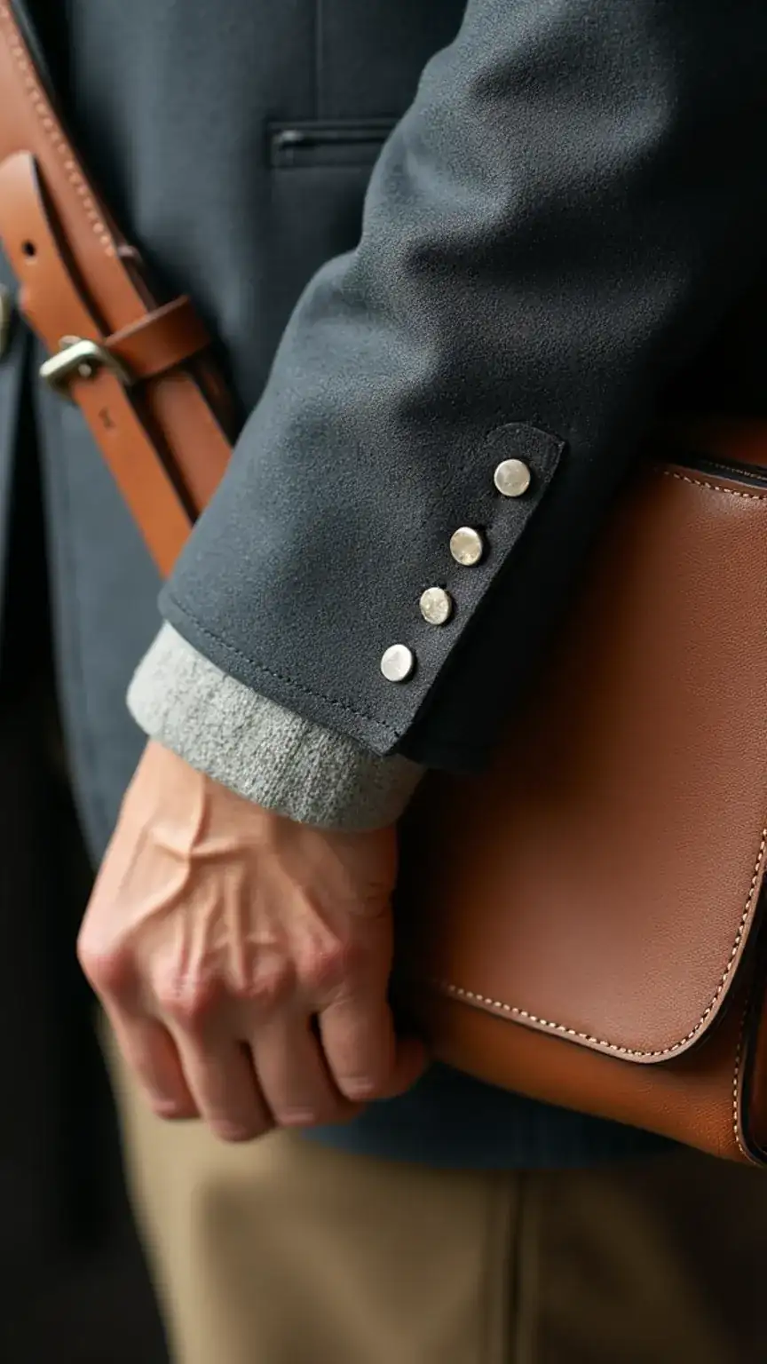 Close-up of high-quality materials: leather, fine fabrics, stitching. Investment wardrobe, quality menswear, men's style essentials, craftsmanship, details.