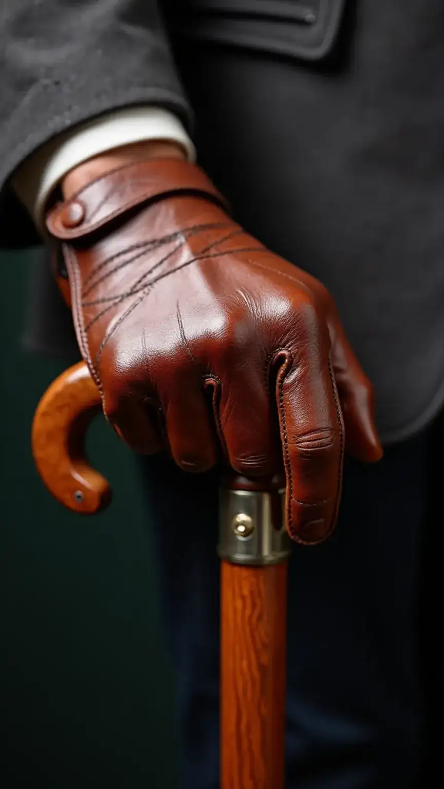 Close-up of a man's hand in a sophisticated leather glove, highlighting fine leather craftsmanship and men's fashion accessories.