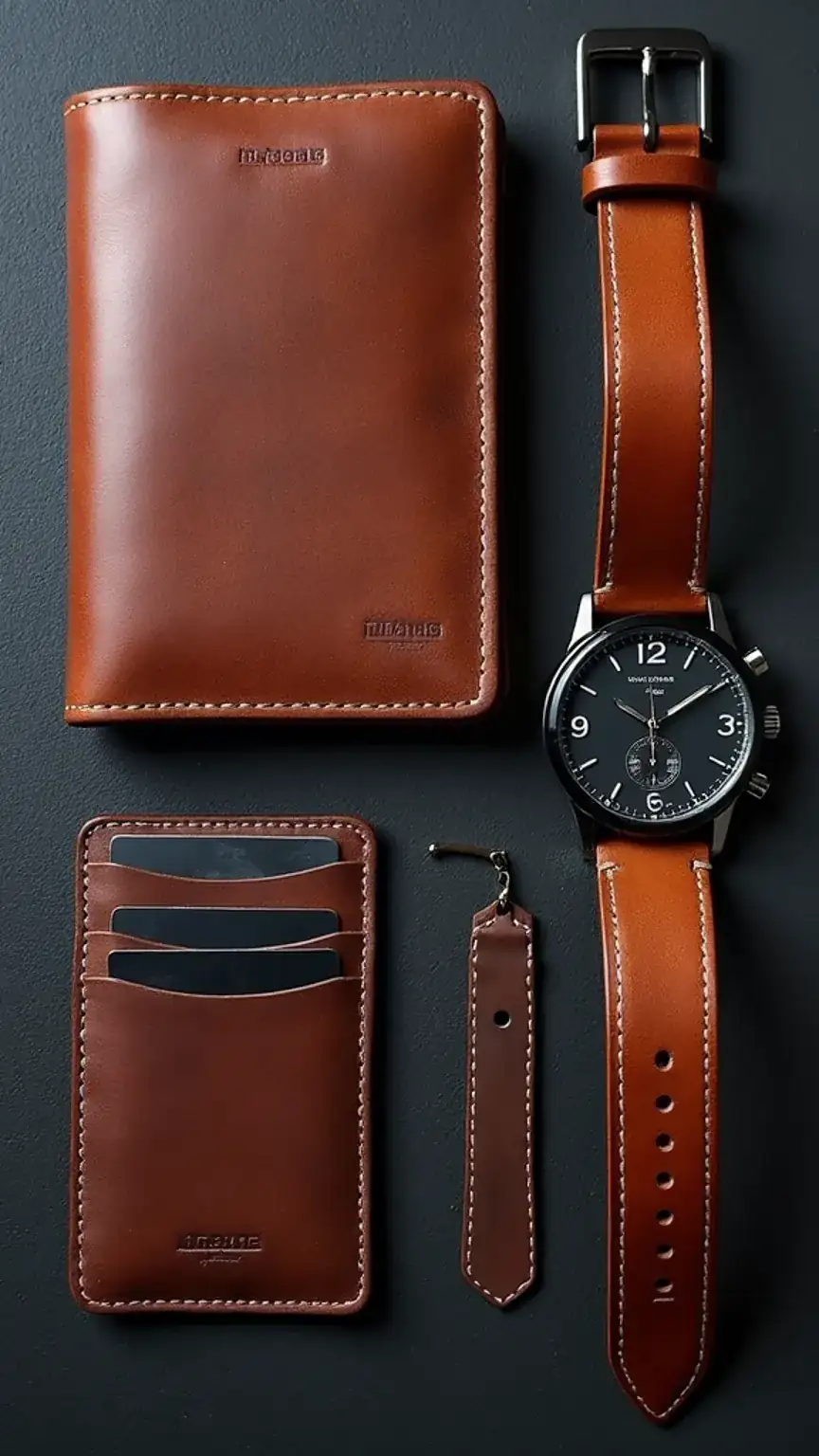 Collection of essential men's leather goods and accessories, including leather wallets, belts, and watch straps for everyday style.