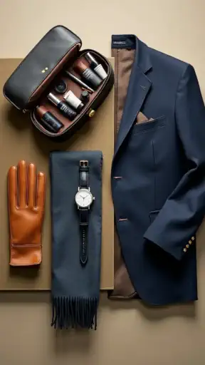 Luxury men's style essentials: navy blazer, leather briefcase, grooming products, watch, and scarf for a polished modern look