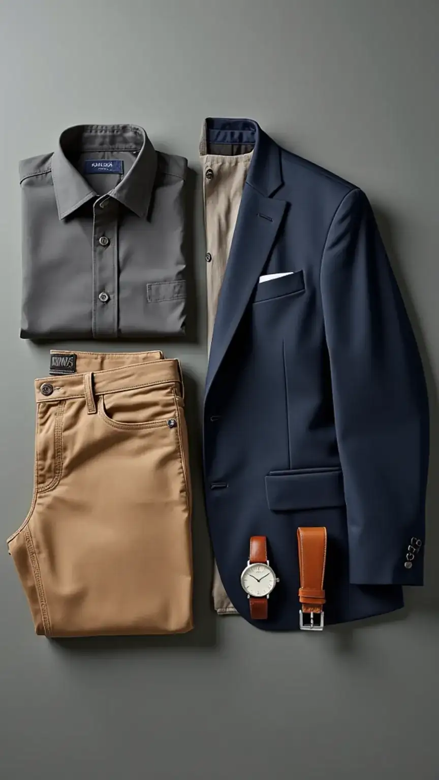 Flat lay of essential men's wardrobe items, including white shirt, jeans, blazer, leather belt, and watch, men's fashion basics, capsule wardrobe essentials, timeless style