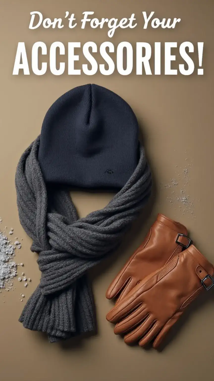 Men's winter accessories, stylish beanie, warm scarf, winter gloves, essential cold weather gear for men.
