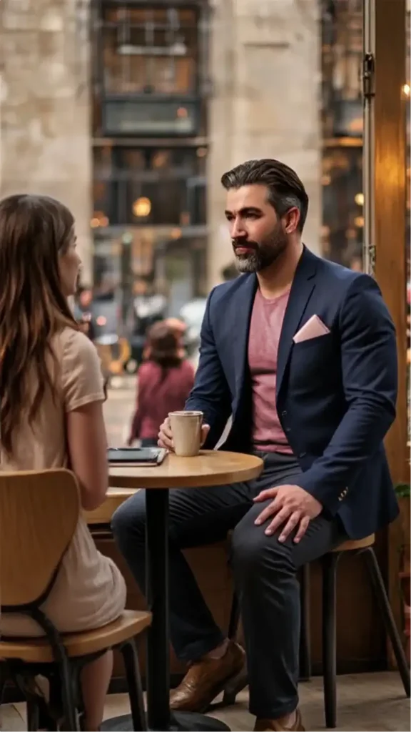 Mercer Wexley talking with a woman in a café, suggesting advice and conversation
