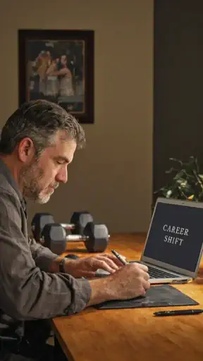 47-year-old man planning a career shift at his desk, with dumbbells and family photo—symbolizing balance and reinvention