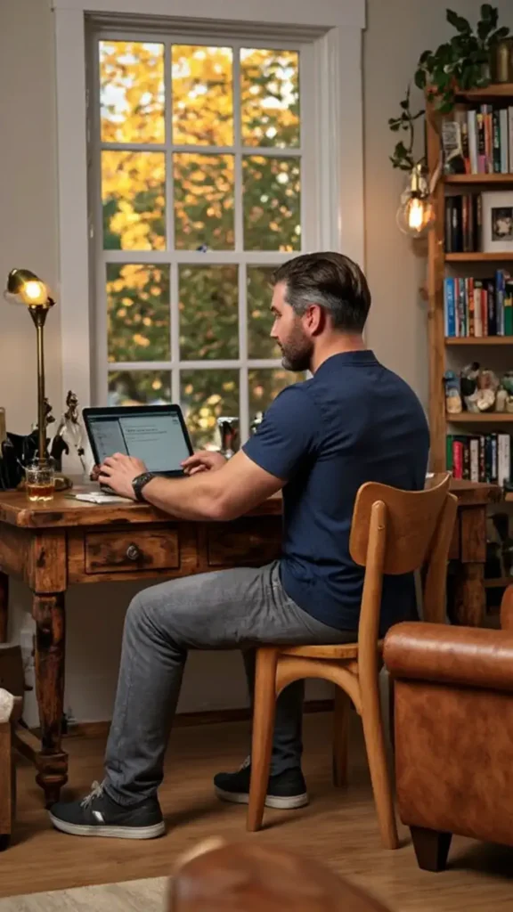 Back view of a man typing on a laptop in a wood-paneled study, vintage watch and whisky glass on desk, green backyard visible through window
