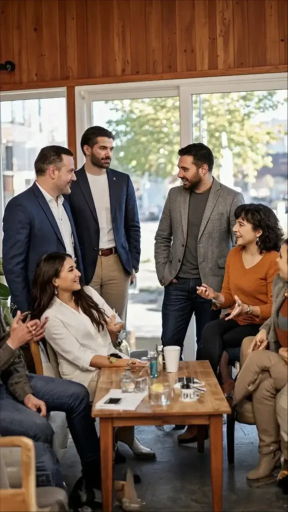 Group of men and women (30s–60s) chatting in a stylish café with wood tones and large windows, wearing tailored casual and chic outfits