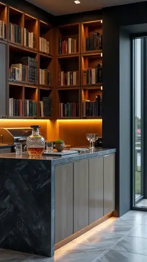 Stylish modern kitchen with dark wood bookshelf, marble bar counter, and masculine decor for a sophisticated home