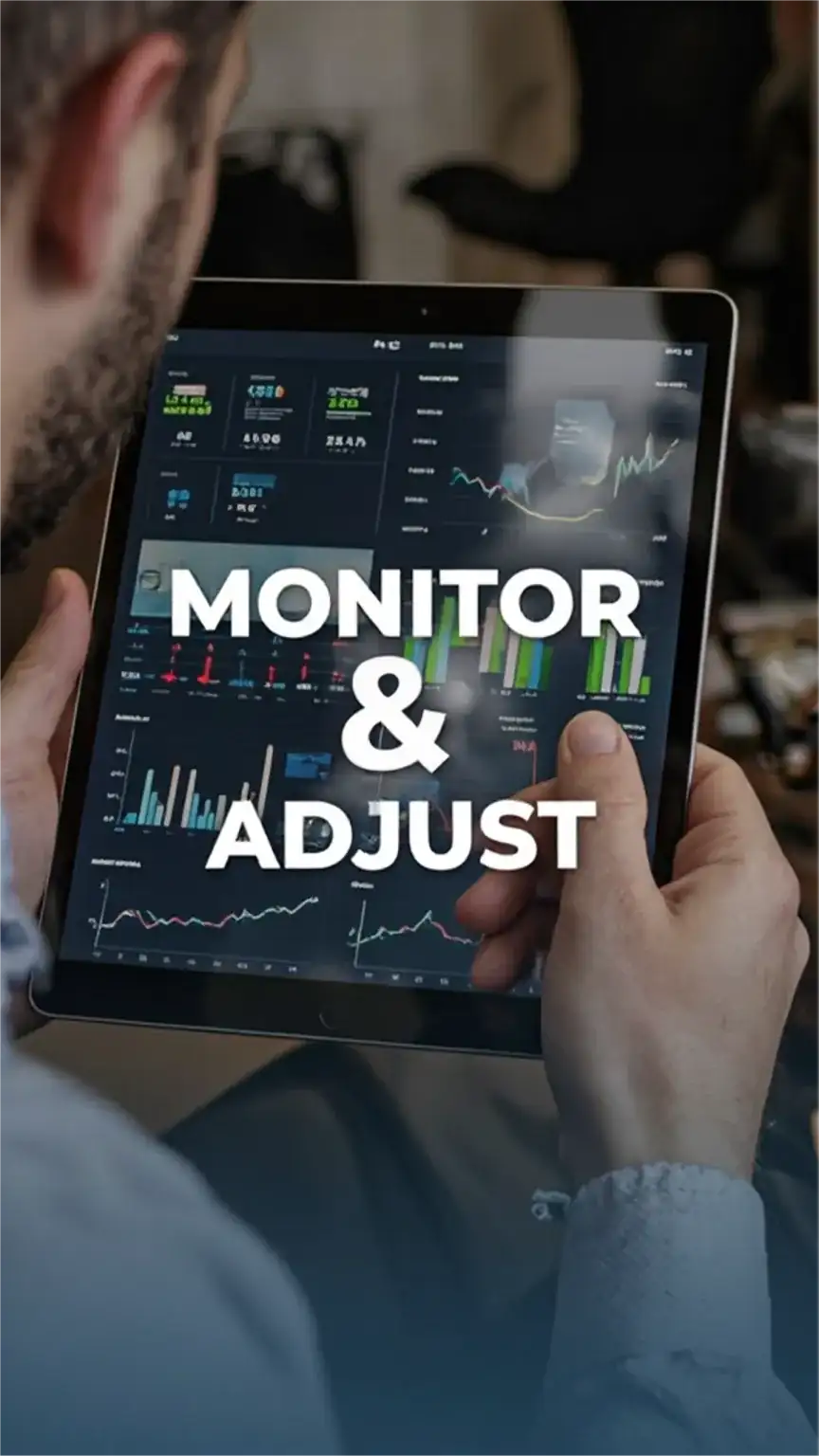 Man monitoring investment portfolio performance on a digital dashboard. Keywords: investing for beginners, men's finance, investment monitoring, portfolio adjustment, financial review.