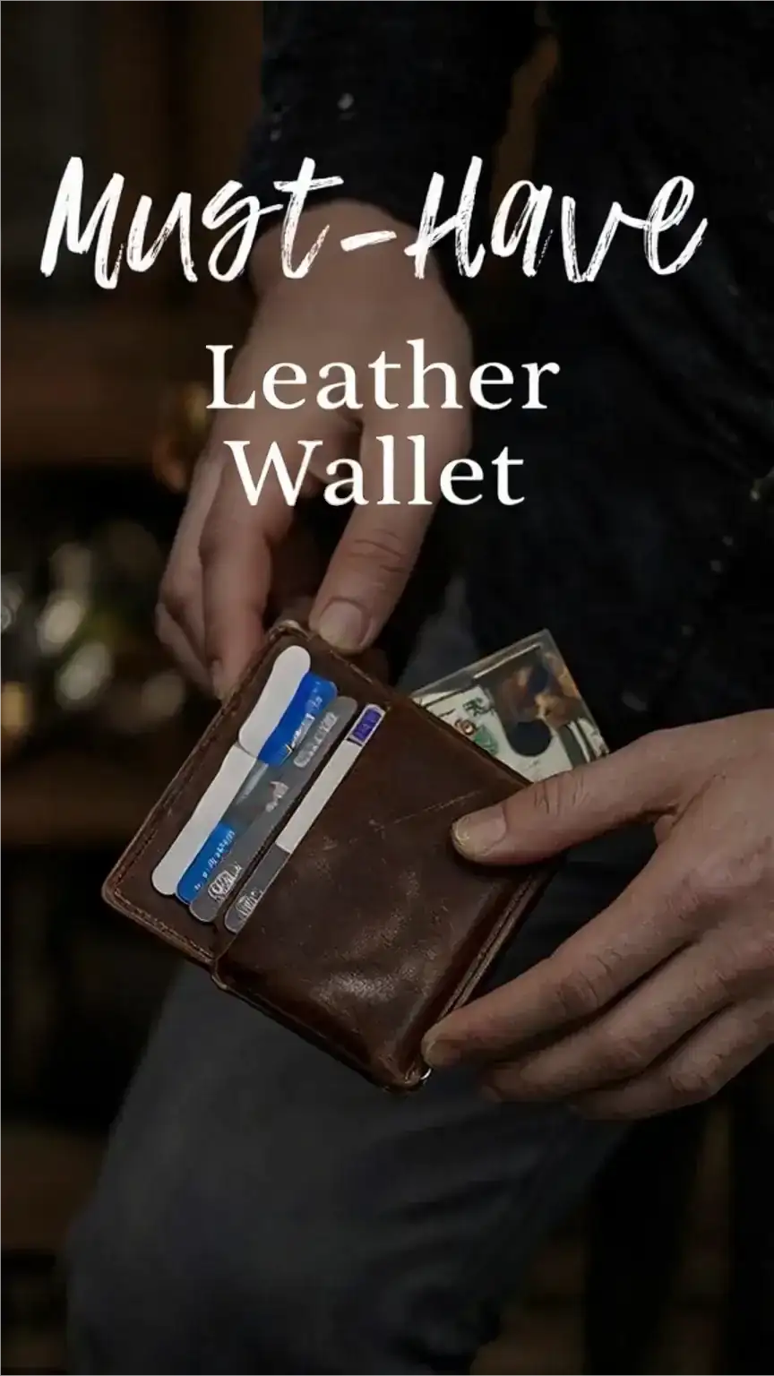 Man's hand holding a quality brown leather wallet, showcasing essential men's leather goods and accessories. Perfect for Pinterest.