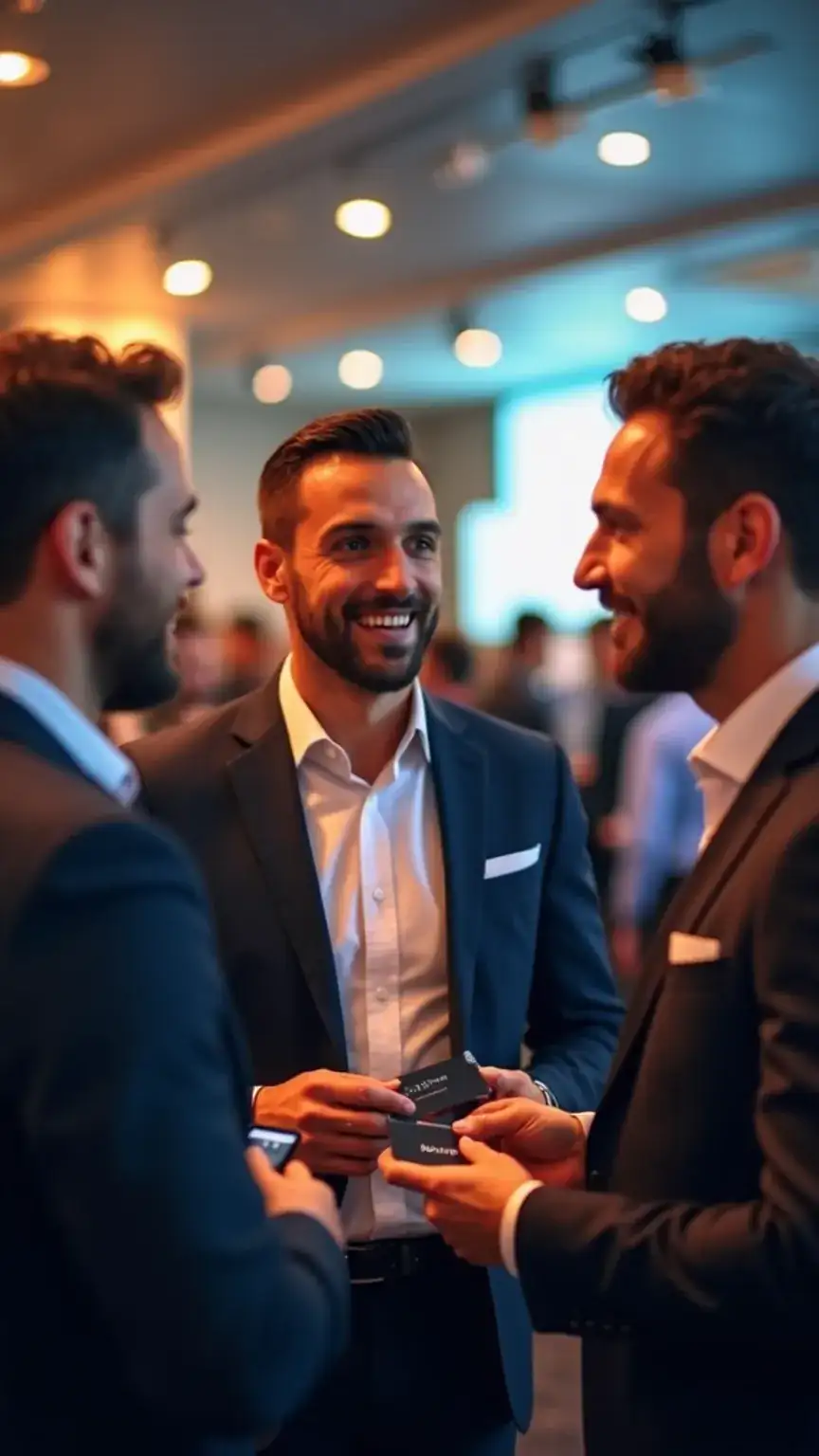 Networking and engaging, industry events, professional connections, building relationships, personal branding for career growth, men in business networking.